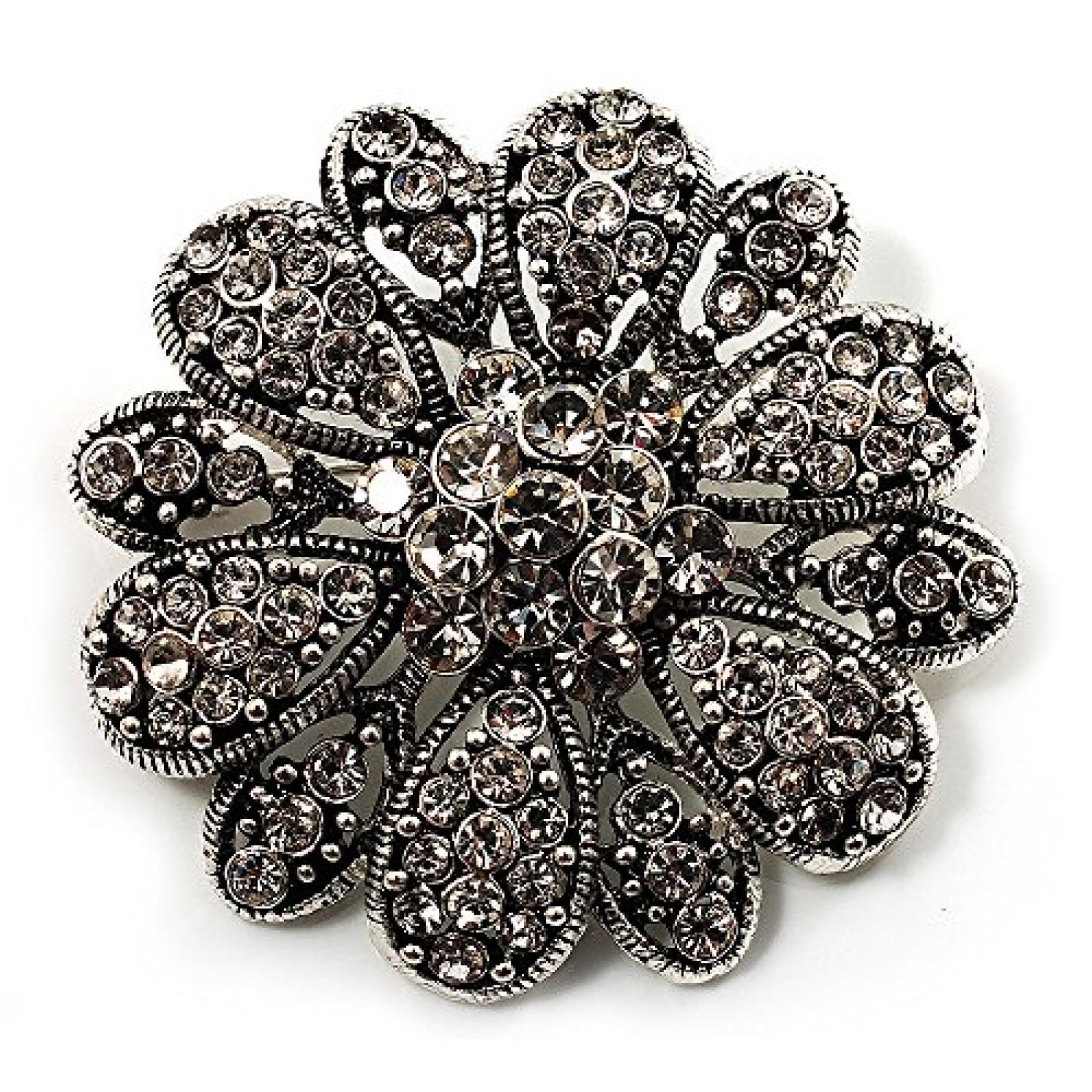 Romantische "Blumen" Vintage-Brosche mit Strass (Antikes Silber) 